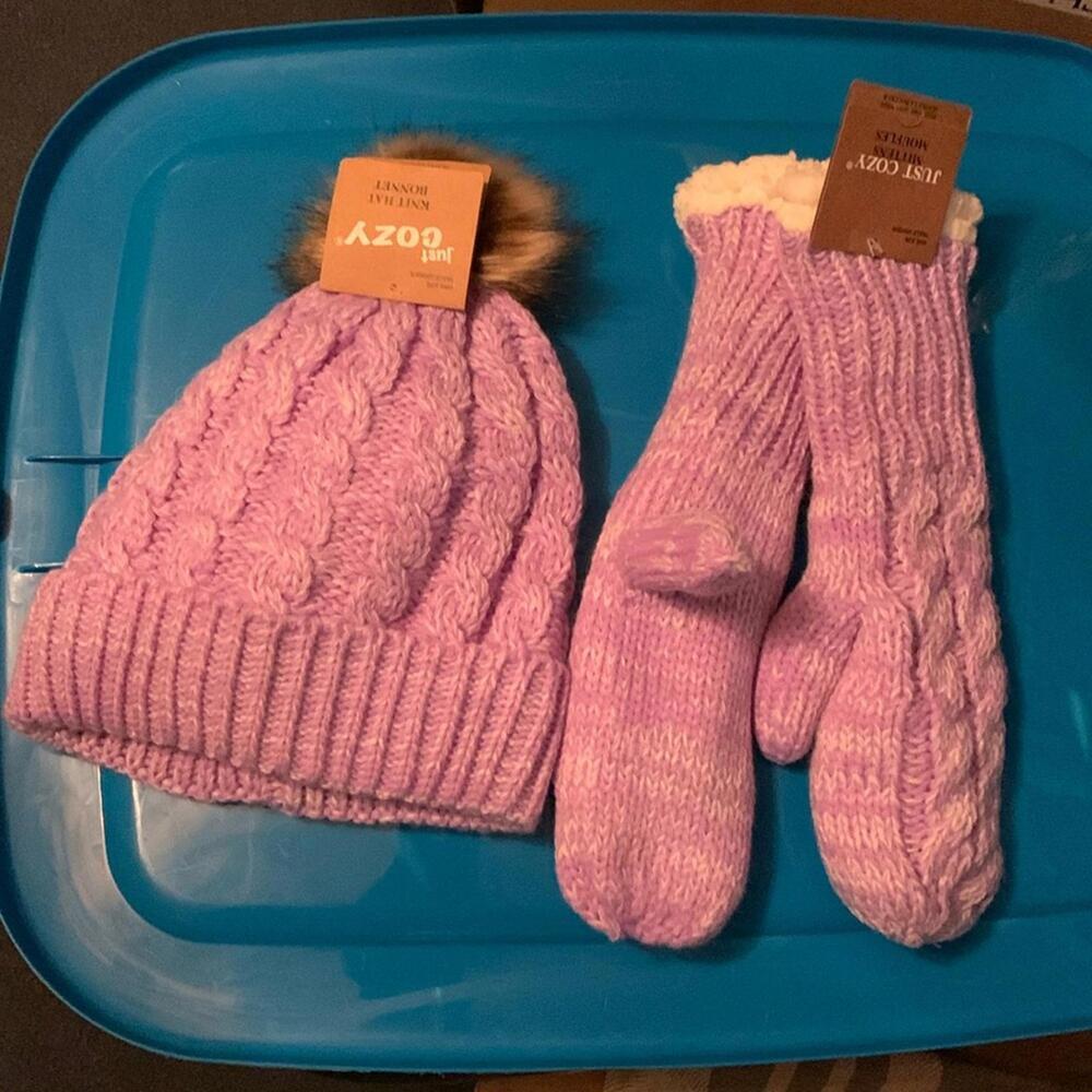 Just Cozy knit hat and mittens purple one size fits all
